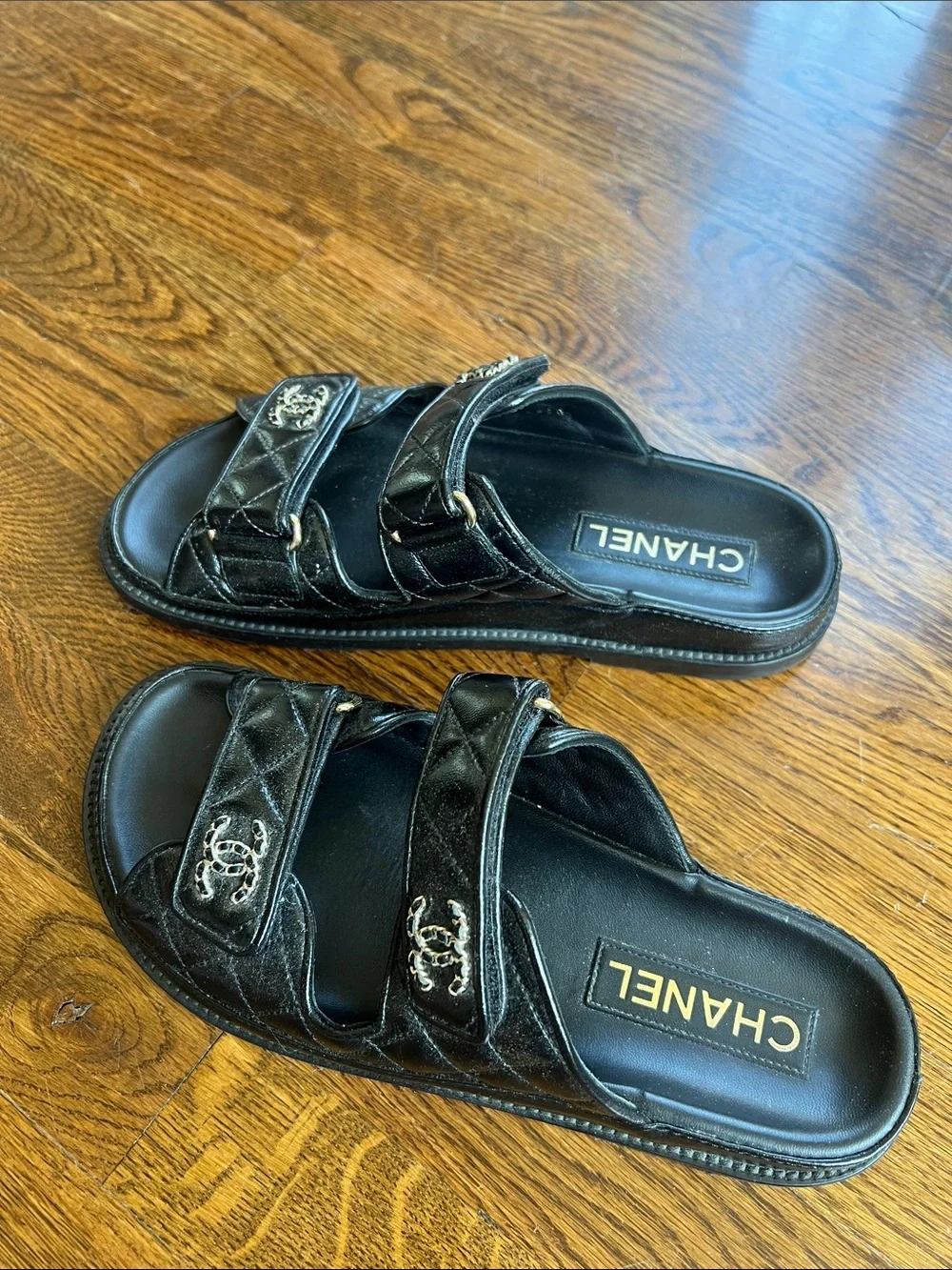 CHANEL Black Quilted Double-Strap Slide Sandals with CC Hardware Dad Sandals
